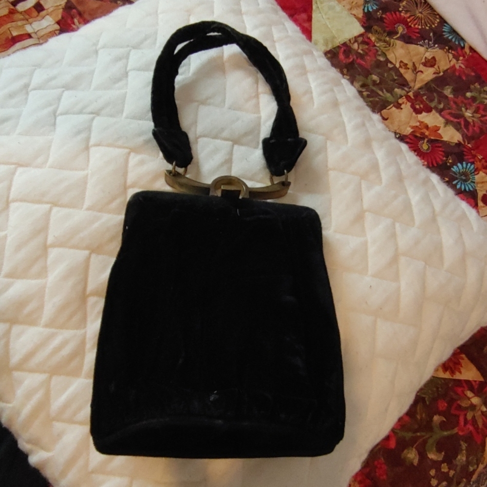 Vintage black velvet purse with attached coin purs